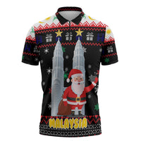Malaysia Christmas Zipper Polo Shirt with Santa Claus Petronas Towers Snowflakes and Festive Icons - Wonder Print Shop