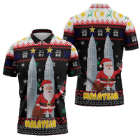 Malaysia Christmas Zipper Polo Shirt with Santa Claus Petronas Towers Snowflakes and Festive Icons - Wonder Print Shop