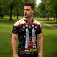 Malaysia Christmas Zipper Polo Shirt with Santa Claus Petronas Towers Snowflakes and Festive Icons - Wonder Print Shop