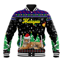 Malaysia Christmas Baseball Jacket with Tiger Santa Hat Snowflakes and Holiday Tree Pattern - Wonder Print Shop