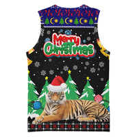 Malaysia Christmas Basketball Jersey with Tiger Santa Hat Snowflakes and Holiday Tree Pattern - Wonder Print Shop