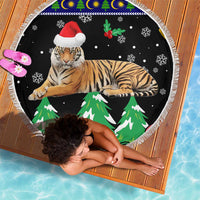 Malaysia Christmas Beach Blanket with Tiger Santa Hat Snowflakes and Holiday Tree Pattern - Wonder Print Shop