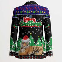 Malaysia Christmas Blazer with Tiger Santa Hat Snowflakes and Holiday Tree Pattern - Wonder Print Shop