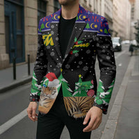 Malaysia Christmas Blazer with Tiger Santa Hat Snowflakes and Holiday Tree Pattern - Wonder Print Shop