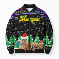 Malaysia Christmas Bomber Puffer Jacket with Tiger Santa Hat Snowflakes and Holiday Tree Pattern - Wonder Print Shop
