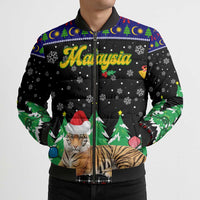 Malaysia Christmas Bomber Puffer Jacket with Tiger Santa Hat Snowflakes and Holiday Tree Pattern - Wonder Print Shop