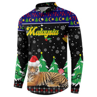 Malaysia Christmas Button Sweatshirt with Tiger Santa Hat Snowflakes and Holiday Tree Pattern - Wonder Print Shop