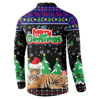 Malaysia Christmas Button Sweatshirt with Tiger Santa Hat Snowflakes and Holiday Tree Pattern - Wonder Print Shop