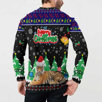 Malaysia Christmas Button Sweatshirt with Tiger Santa Hat Snowflakes and Holiday Tree Pattern - Wonder Print Shop