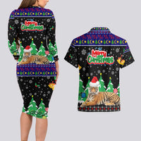 Malaysia Christmas Couples Matching Long Sleeve Bodycon Dress and Hawaiian Shirt with Tiger Santa Hat Snowflakes and Holiday Tree Pattern - Wonder Print Shop