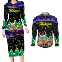 Malaysia Christmas Couples Matching Long Sleeve Bodycon Dress and Long Sleeve Button Shirt with Tiger Santa Hat Snowflakes and Holiday Tree Pattern - Wonder Print Shop