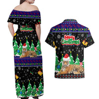 Malaysia Christmas Couples Matching Off Shoulder Maxi Dress and Hawaiian Shirt with Tiger Santa Hat Snowflakes and Holiday Tree Pattern - Wonder Print Shop