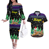 Malaysia Christmas Couples Matching Off The Shoulder Long Sleeve Dress and Hawaiian Shirt with Tiger Santa Hat Snowflakes and Holiday Tree Pattern - Wonder Print Shop