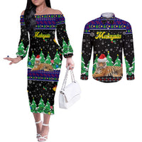 Malaysia Christmas Couples Matching Off The Shoulder Long Sleeve Dress and Long Sleeve Button Shirt with Tiger Santa Hat Snowflakes and Holiday Tree Pattern - Wonder Print Shop