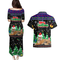 Malaysia Christmas Couples Matching Puletasi and Hawaiian Shirt with Tiger Santa Hat Snowflakes and Holiday Tree Pattern - Wonder Print Shop