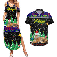 Malaysia Christmas Couples Matching Summer Maxi Dress and Hawaiian Shirt with Tiger Santa Hat Snowflakes and Holiday Tree Pattern - Wonder Print Shop