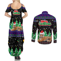 Malaysia Christmas Couples Matching Summer Maxi Dress and Long Sleeve Button Shirt with Tiger Santa Hat Snowflakes and Holiday Tree Pattern - Wonder Print Shop