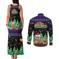Malaysia Christmas Couples Matching Tank Maxi Dress and Long Sleeve Button Shirt with Tiger Santa Hat Snowflakes and Holiday Tree Pattern - Wonder Print Shop