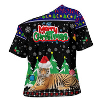 Malaysia Christmas Cross Shoulder Shirt with Tiger Santa Hat Snowflakes and Holiday Tree Pattern - Wonder Print Shop