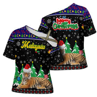 Malaysia Christmas Cross Shoulder Shirt with Tiger Santa Hat Snowflakes and Holiday Tree Pattern - Wonder Print Shop