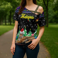 Malaysia Christmas Cross Shoulder Shirt with Tiger Santa Hat Snowflakes and Holiday Tree Pattern - Wonder Print Shop