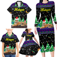 Malaysia Christmas Family Matching Long Sleeve Bodycon Dress and Hawaiian Shirt with Tiger Santa Hat Snowflakes and Holiday Tree Pattern - Wonder Print Shop