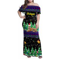 Malaysia Christmas Family Matching Off Shoulder Maxi Dress and Hawaiian Shirt with Tiger Santa Hat Snowflakes and Holiday Tree Pattern - Wonder Print Shop