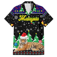 Malaysia Christmas Family Matching Off Shoulder Short Dress and Hawaiian Shirt with Tiger Santa Hat Snowflakes and Holiday Tree Pattern - Wonder Print Shop