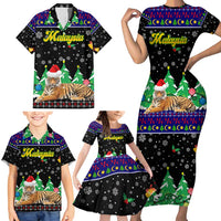 Malaysia Christmas Family Matching Short Sleeve Bodycon Dress and Hawaiian Shirt with Tiger Santa Hat Snowflakes and Holiday Tree Pattern - Wonder Print Shop