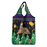 Malaysia Christmas Grocery Bag with Tiger Santa Hat Snowflakes and Holiday Tree Pattern - Wonder Print Shop
