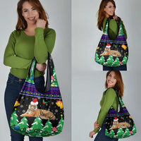 Malaysia Christmas Grocery Bag with Tiger Santa Hat Snowflakes and Holiday Tree Pattern - Wonder Print Shop
