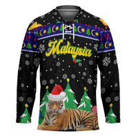 Malaysia Christmas Hockey Jersey with Tiger Santa Hat Snowflakes and Holiday Tree Pattern - Wonder Print Shop