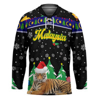 Malaysia Christmas Hockey Jersey with Tiger Santa Hat Snowflakes and Holiday Tree Pattern - Wonder Print Shop