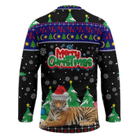 Malaysia Christmas Hockey Jersey with Tiger Santa Hat Snowflakes and Holiday Tree Pattern - Wonder Print Shop