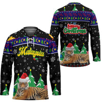 Malaysia Christmas Hockey Jersey with Tiger Santa Hat Snowflakes and Holiday Tree Pattern - Wonder Print Shop