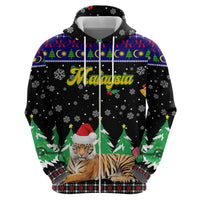 Malaysia Christmas Hoodie with Tiger Santa Hat Snowflakes and Holiday Tree Pattern - Wonder Print Shop