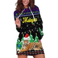 Malaysia Christmas Hoodie Dress with Tiger Santa Hat Snowflakes and Holiday Tree Pattern - Wonder Print Shop