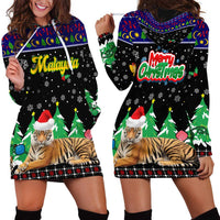 Malaysia Christmas Hoodie Dress with Tiger Santa Hat Snowflakes and Holiday Tree Pattern - Wonder Print Shop
