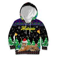 Malaysia Christmas Kid Hoodie with Tiger Santa Hat Snowflakes and Holiday Tree Pattern - Wonder Print Shop