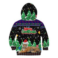 Malaysia Christmas Kid Hoodie with Tiger Santa Hat Snowflakes and Holiday Tree Pattern - Wonder Print Shop