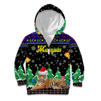 Malaysia Christmas Kid Hoodie with Tiger Santa Hat Snowflakes and Holiday Tree Pattern - Wonder Print Shop