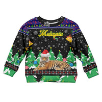 Malaysia Christmas Kid Ugly Christmas Sweater with Tiger Santa Hat Snowflakes and Holiday Tree Pattern - Wonder Print Shop