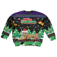 Malaysia Christmas Kid Ugly Christmas Sweater with Tiger Santa Hat Snowflakes and Holiday Tree Pattern - Wonder Print Shop