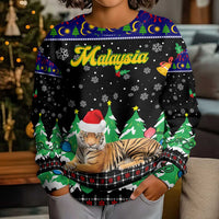 Malaysia Christmas Kid Ugly Christmas Sweater with Tiger Santa Hat Snowflakes and Holiday Tree Pattern - Wonder Print Shop