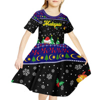 Malaysia Christmas Kid Short Sleeve Dress with Tiger Santa Hat Snowflakes and Holiday Tree Pattern - Wonder Print Shop