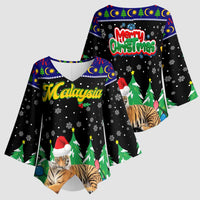 Malaysia Christmas Kimono Sleeve Blouse with Tiger Santa Hat Snowflakes and Holiday Tree Pattern - Wonder Print Shop