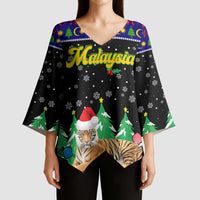 Malaysia Christmas Kimono Sleeve Blouse with Tiger Santa Hat Snowflakes and Holiday Tree Pattern - Wonder Print Shop