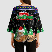 Malaysia Christmas Kimono Sleeve Blouse with Tiger Santa Hat Snowflakes and Holiday Tree Pattern - Wonder Print Shop