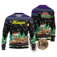 Malaysia Christmas Ugly Christmas Sweater with Tiger Santa Hat Snowflakes and Holiday Tree Pattern - Wonder Print Shop