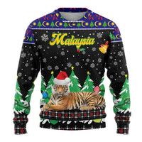 Malaysia Christmas Ugly Christmas Sweater with Tiger Santa Hat Snowflakes and Holiday Tree Pattern - Wonder Print Shop